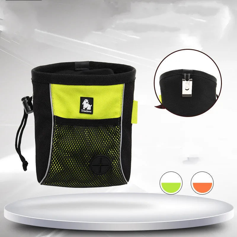 Dog training waist bag in green with adjustable strap and removable waste bag compartment