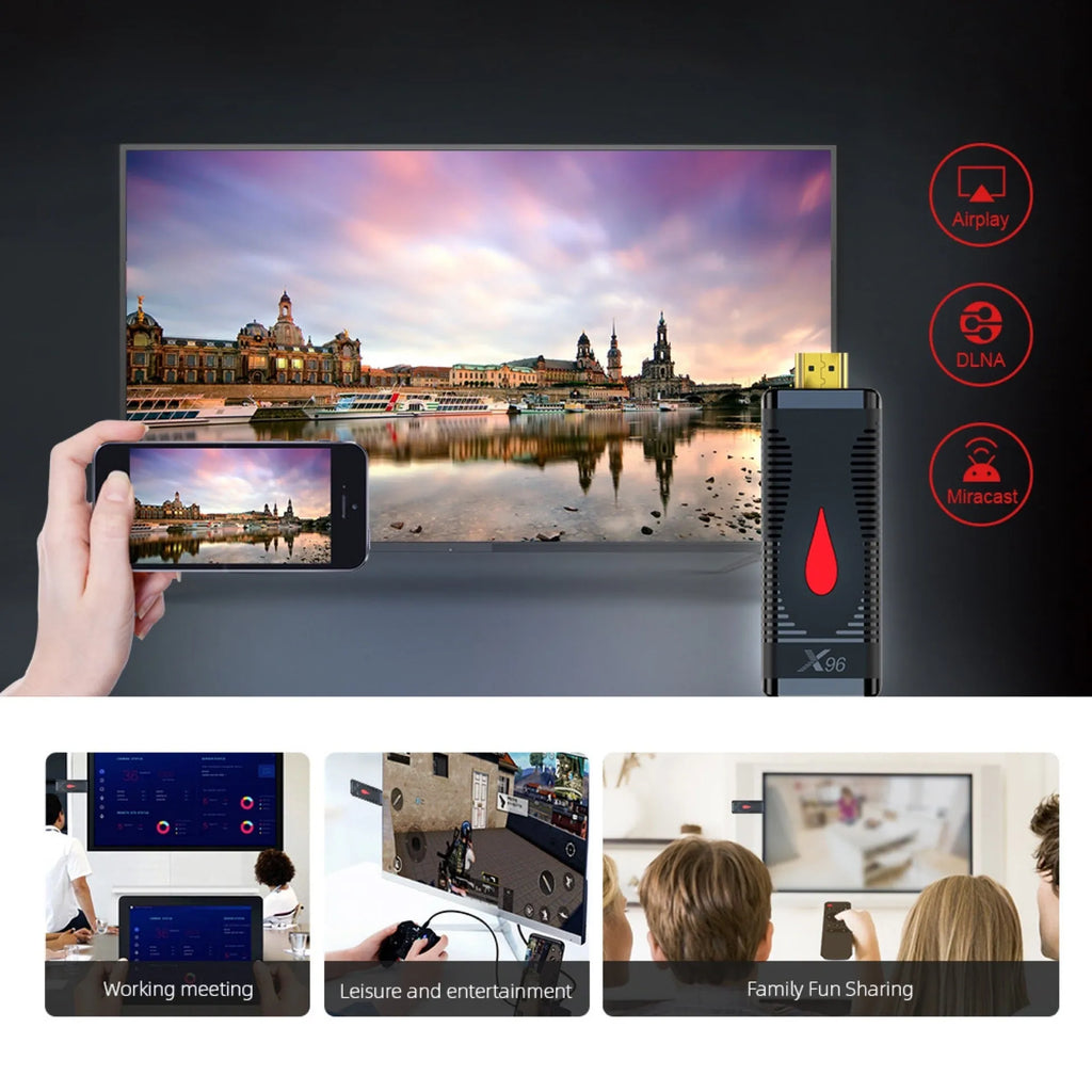 Smart TV Stick Mini Dongle with Allwinner H313 processor and remote control showing HDMI connection