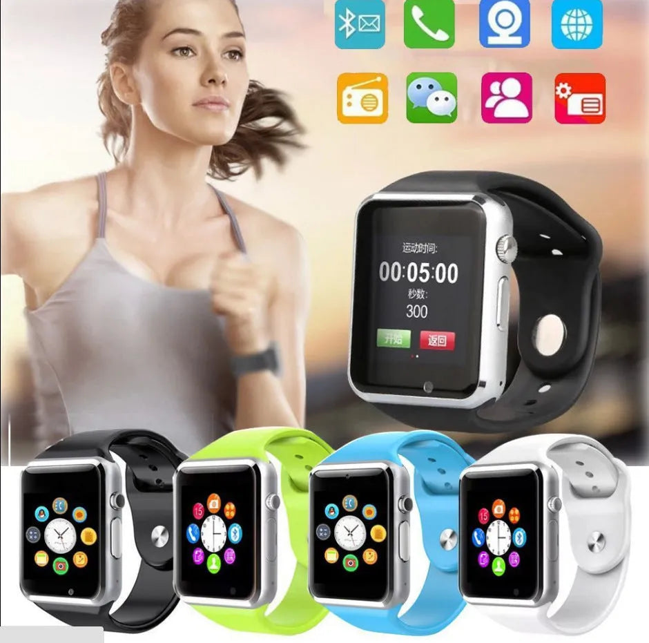 A1 Smart Watch for Android with phone call functionality, GSM SIM support, and camera in multiple colour options