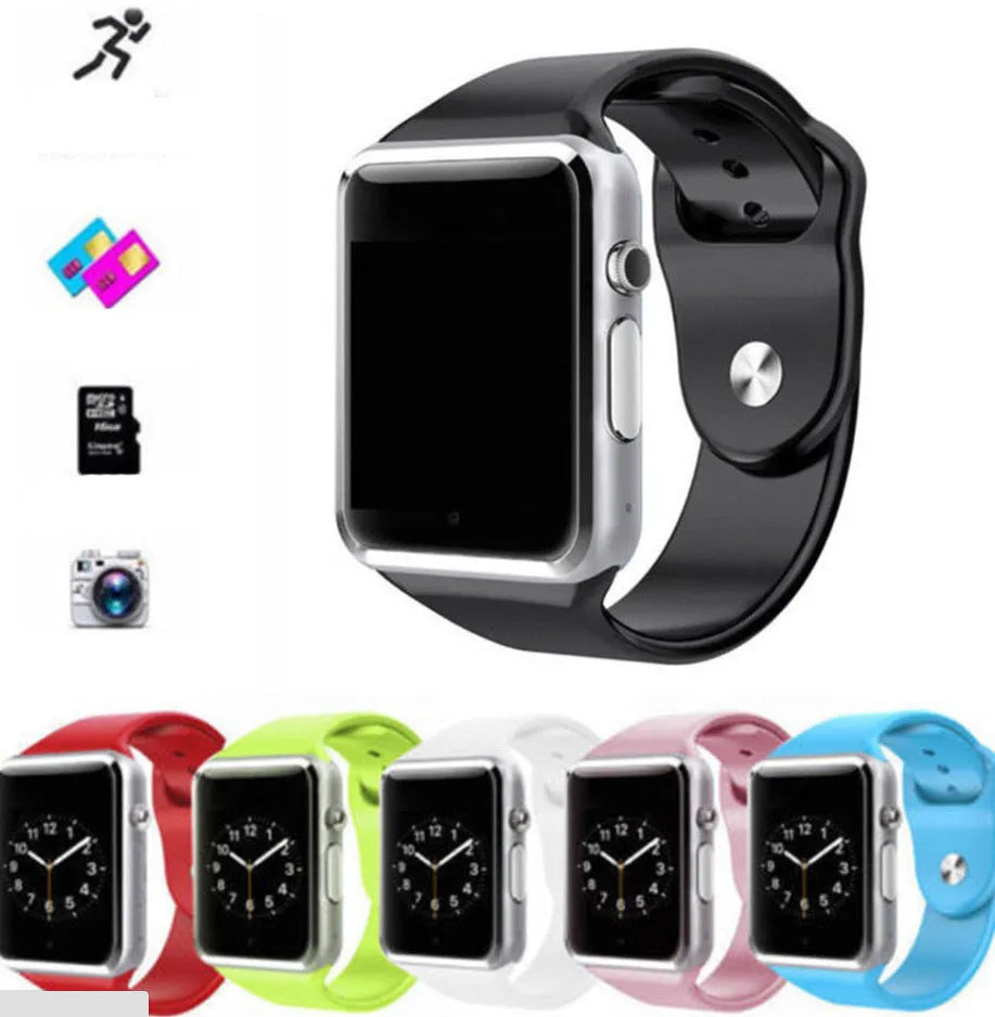 A1 Smart Watch for Android with phone call functionality, GSM SIM support, and camera in multiple colour options
