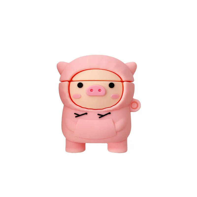Pink silicone flip case with a cartoon pig design for AirPods and AirPods Pro, shown with a keychain hook.