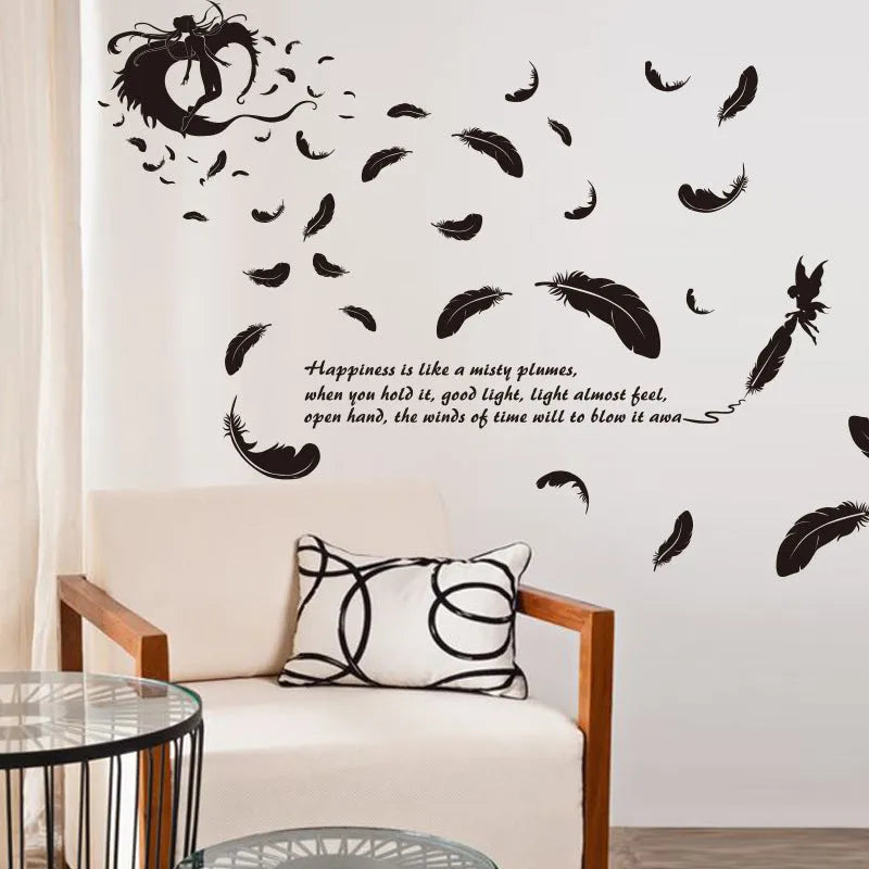 Black feather angel three generations wall sticker measuring 50x70 cm