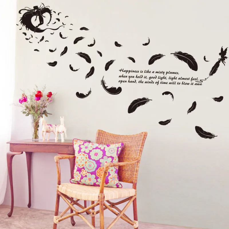 Black feather angel three generations wall sticker measuring 50x70 cm