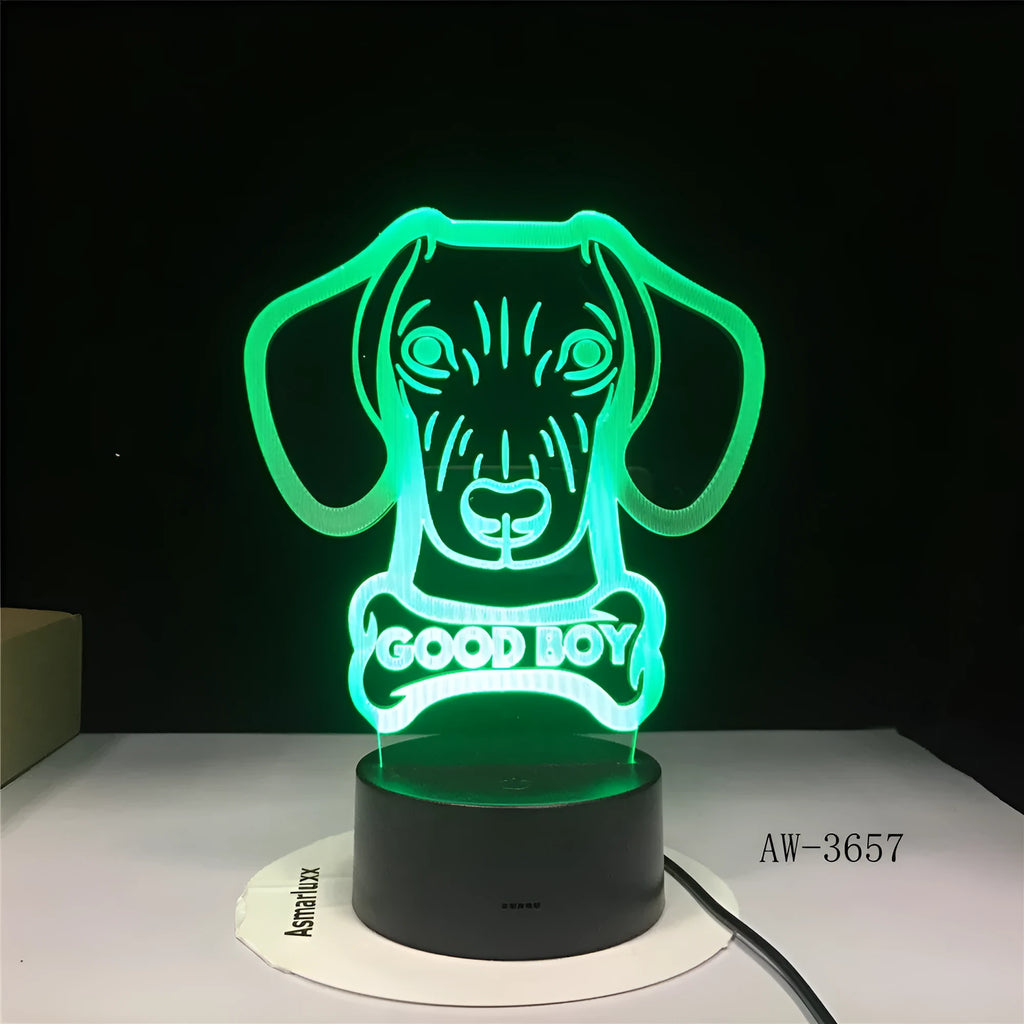 Gradient acrylic LED table lamp with dog design and remote control on bedside table