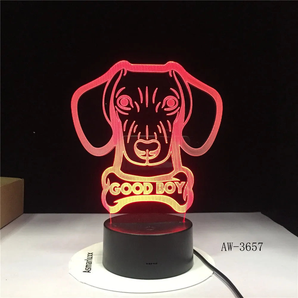 Gradient acrylic LED table lamp with dog design and remote control on bedside table