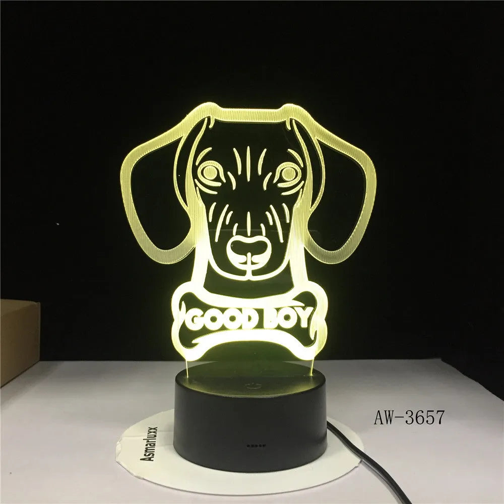 Gradient acrylic LED table lamp with dog design and remote control on bedside table