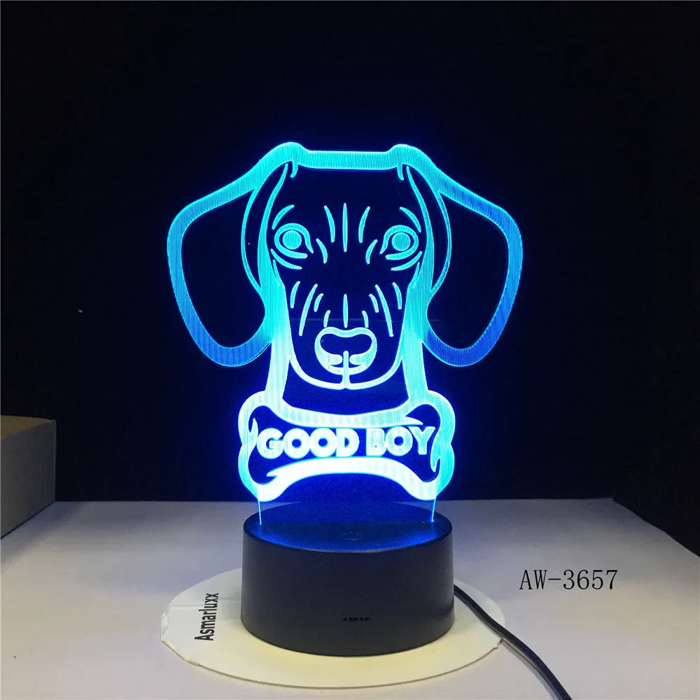 Gradient acrylic LED table lamp with dog design and remote control on bedside table