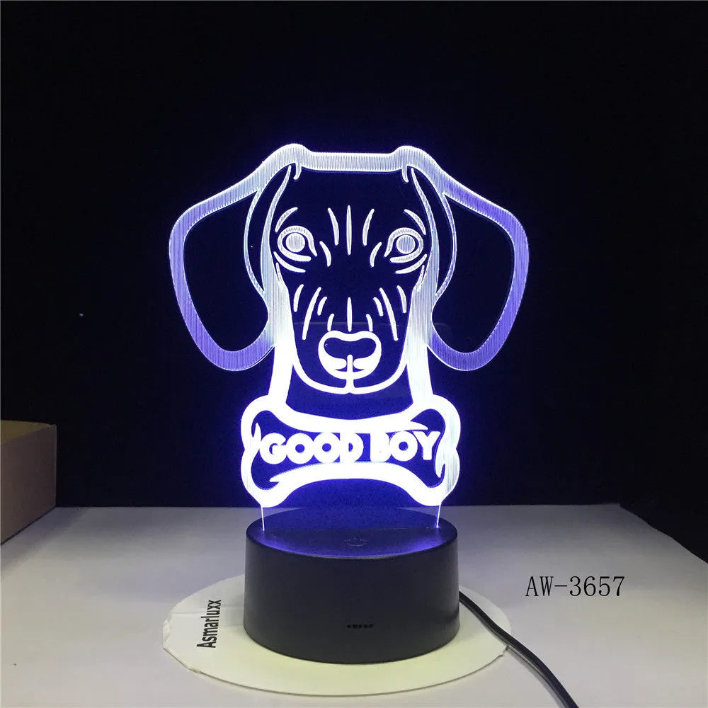 Gradient acrylic LED table lamp with dog design and remote control on bedside table