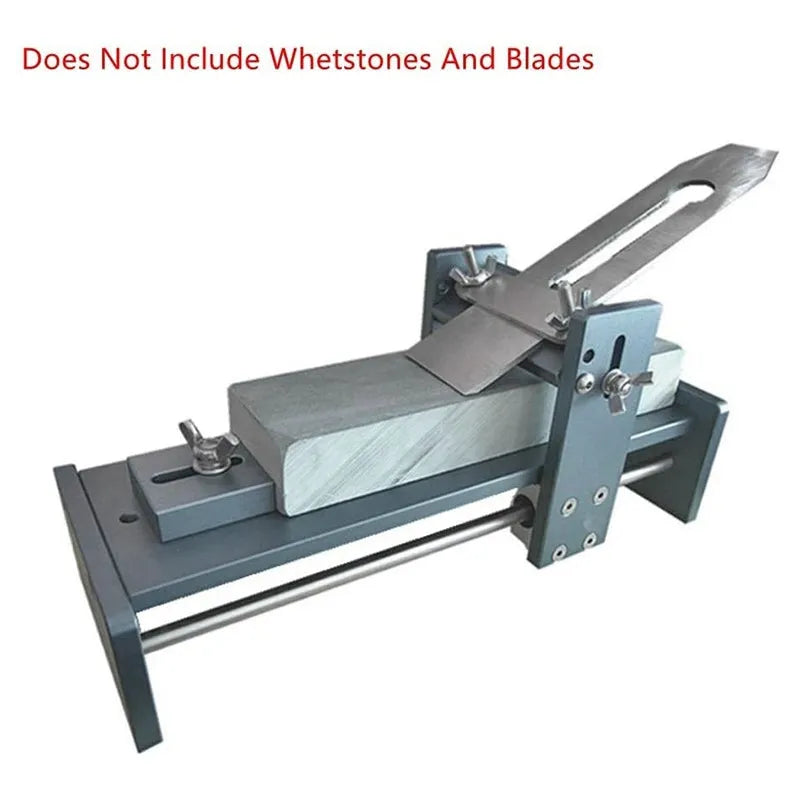 Aluminium fixed angle sharpening tool for woodworking chisels and planers on a workbench.