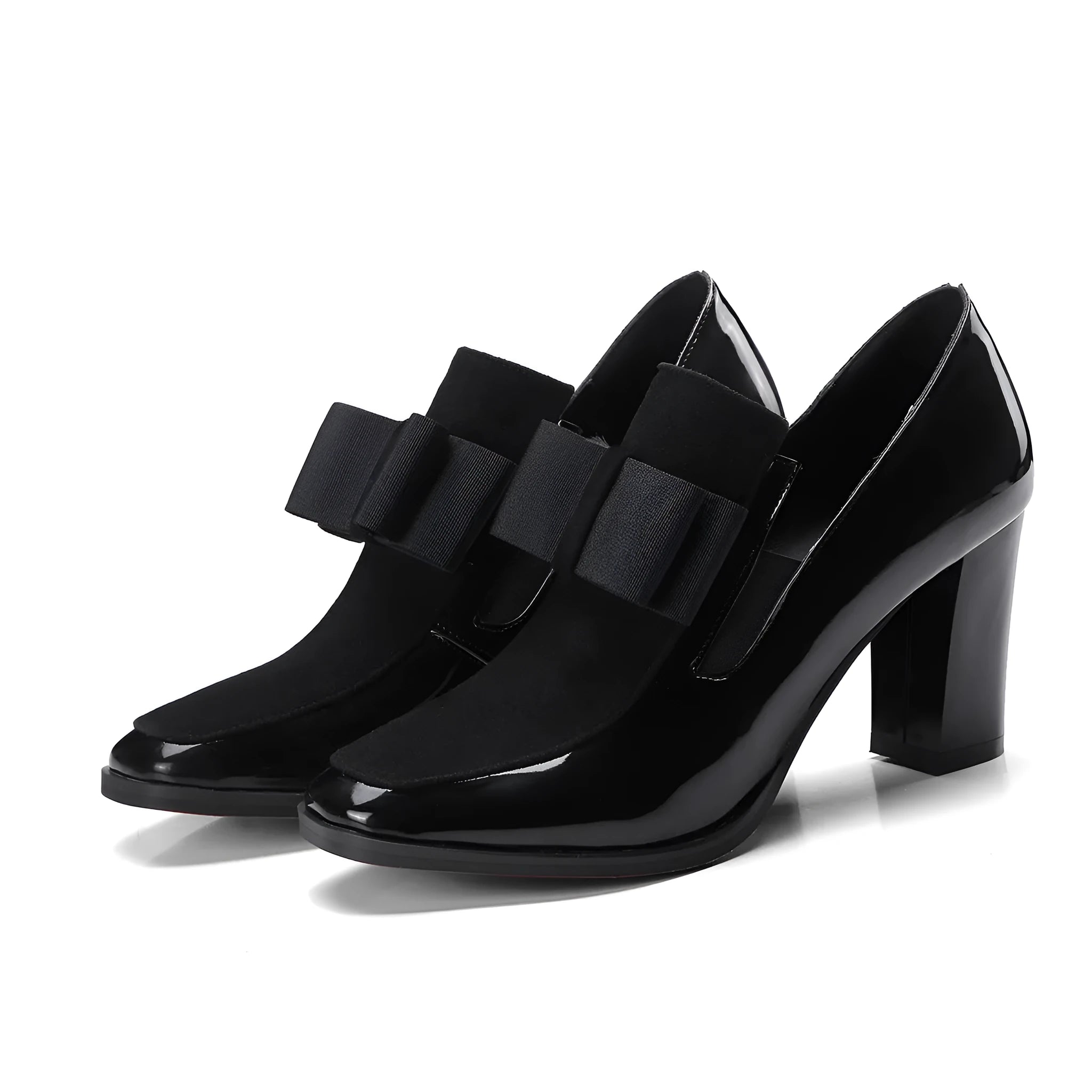 Large size black patent leather women's high heel shoe with a thick heel over 8cm.