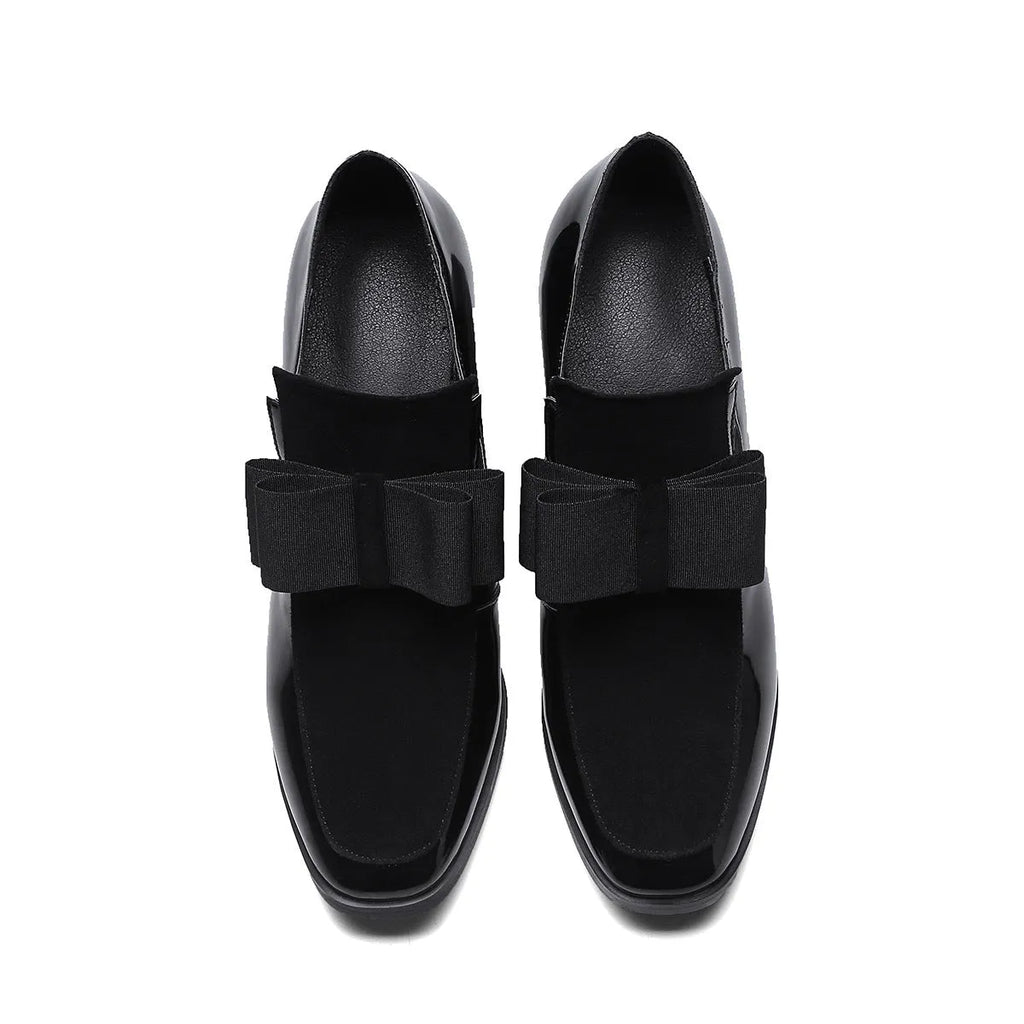 Large size black patent leather women's high heel shoe with a thick heel over 8cm.