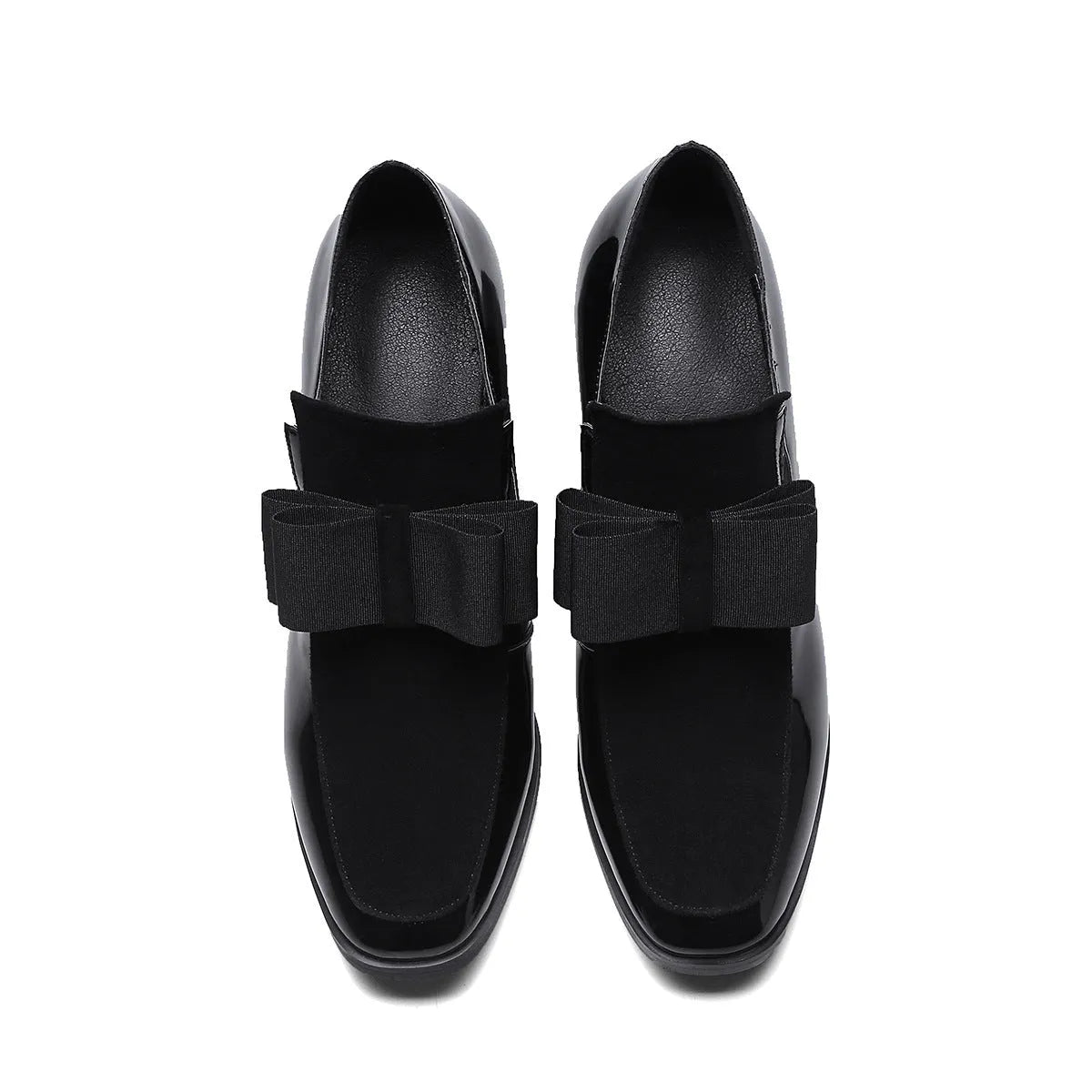 Large size black patent leather women's high heel shoe with a thick heel over 8cm.