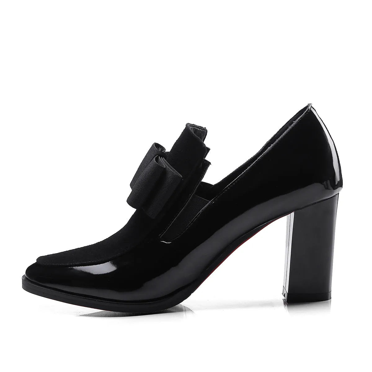 Large size black patent leather women's high heel shoe with a thick heel over 8cm.
