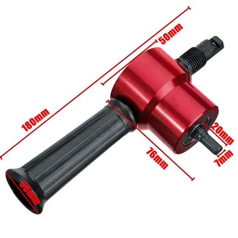 Double-head metal sheet cutter in red or silver, 3 mm cutting capacity, 12 mm radius, 1500-3000 RPM electric punching shear