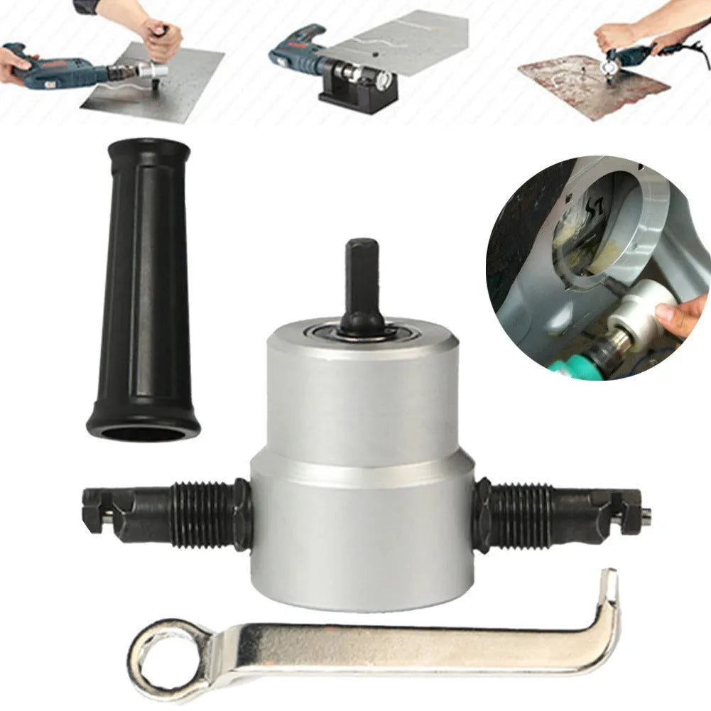 Double-head metal sheet cutter in red or silver, 3 mm cutting capacity, 12 mm radius, 1500-3000 RPM electric punching shear
