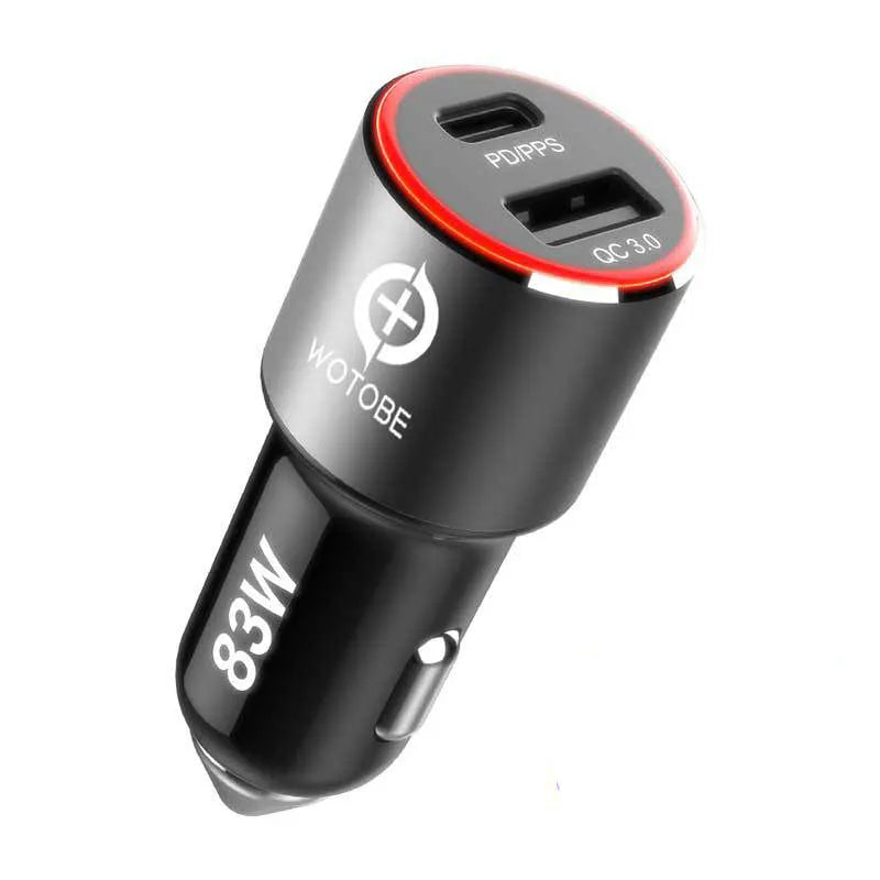 83W dual-port car charger with USB-C and USB-A ports for fast charging phones and laptops in vehicles