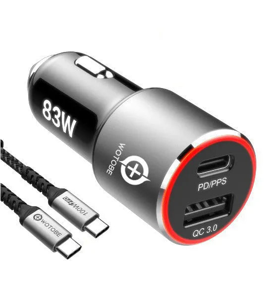 83W dual-port car charger with USB-C and USB-A ports for fast charging phones and laptops in vehicles