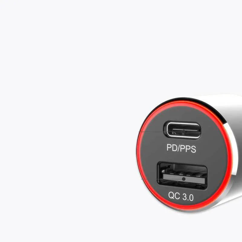 83W dual-port car charger with USB-C and USB-A ports for fast charging phones and laptops in vehicles