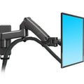 Black wall-mounted aluminium alloy computer monitor stand with telescopic rotating arm for VESA mounting.