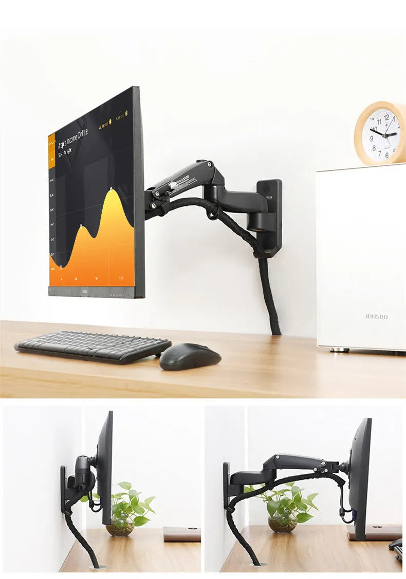 Black wall-mounted aluminium alloy computer monitor stand with telescopic rotating arm for VESA mounting.