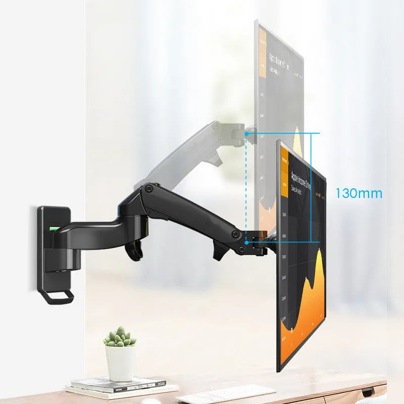 Black wall-mounted aluminium alloy computer monitor stand with telescopic rotating arm for VESA mounting.