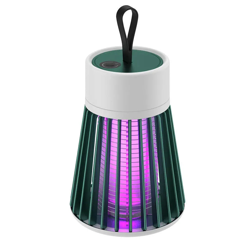 Electric shock mosquito killer lamp with purple light, white or green, USB rechargeable, for indoor and outdoor use.