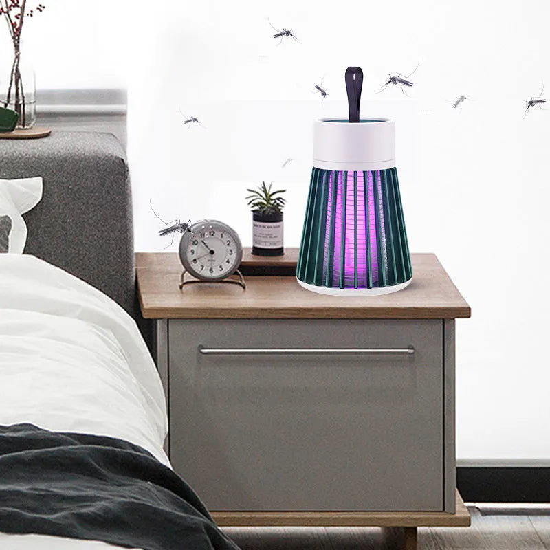 Electric shock mosquito killer lamp with purple light, white or green, USB rechargeable, for indoor and outdoor use.