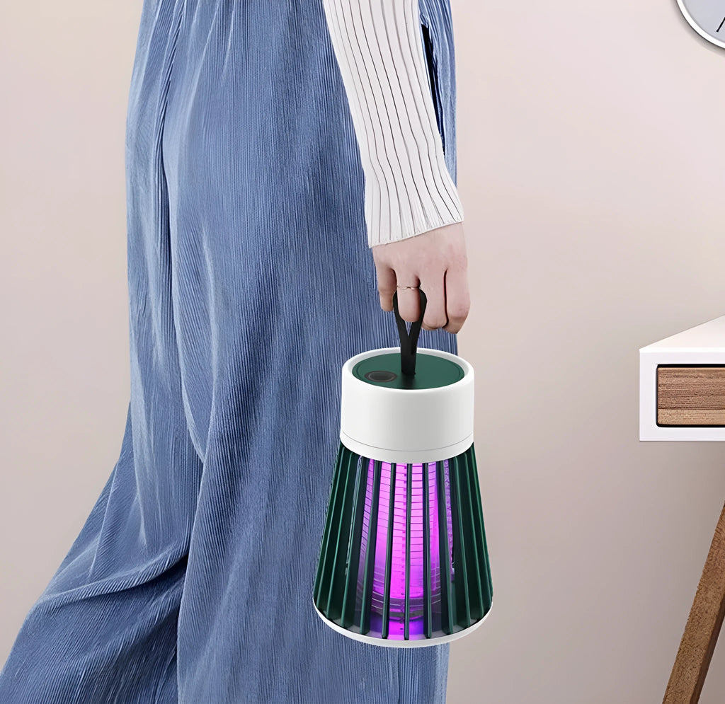 Electric shock mosquito killer lamp with purple light, white or green, USB rechargeable, for indoor and outdoor use.