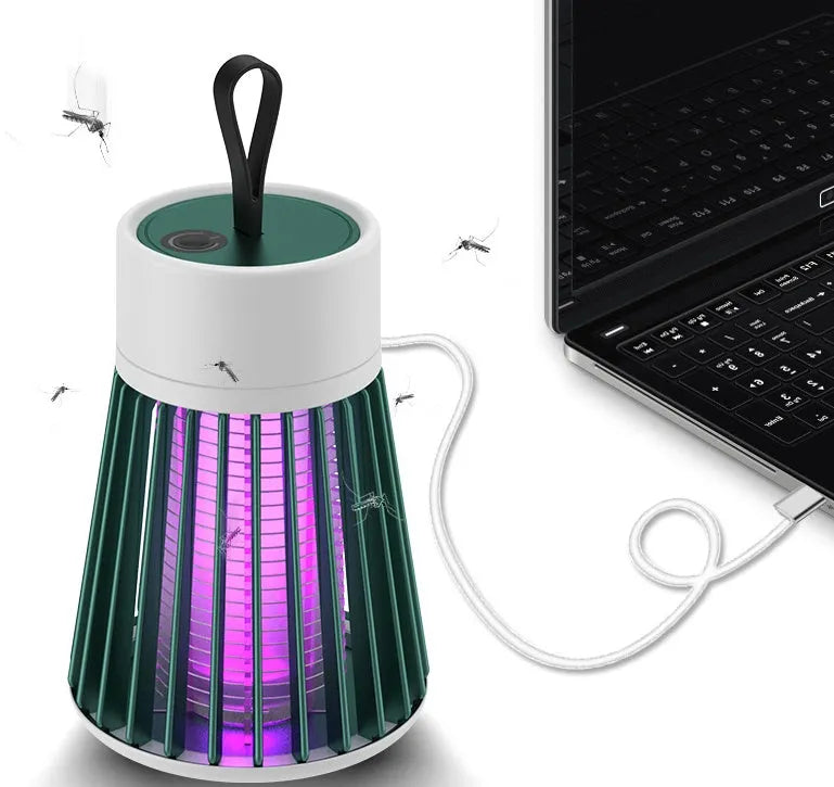 Electric shock mosquito killer lamp with purple light, white or green, USB rechargeable, for indoor and outdoor use.