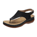 Women's casual wedge heel flip flop sandals with an adjustable buckle strap in solid colours.