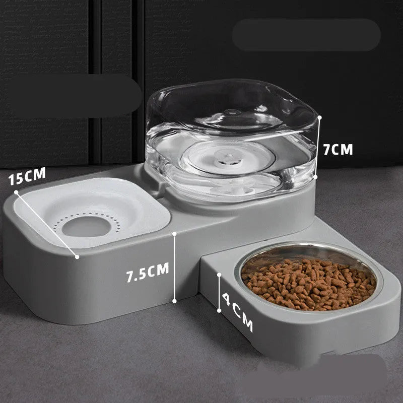 Mobile unplugged automatic pet feeder and water dispenser with double bowl or square feeding waterer in grey, pink, blue, or green.
