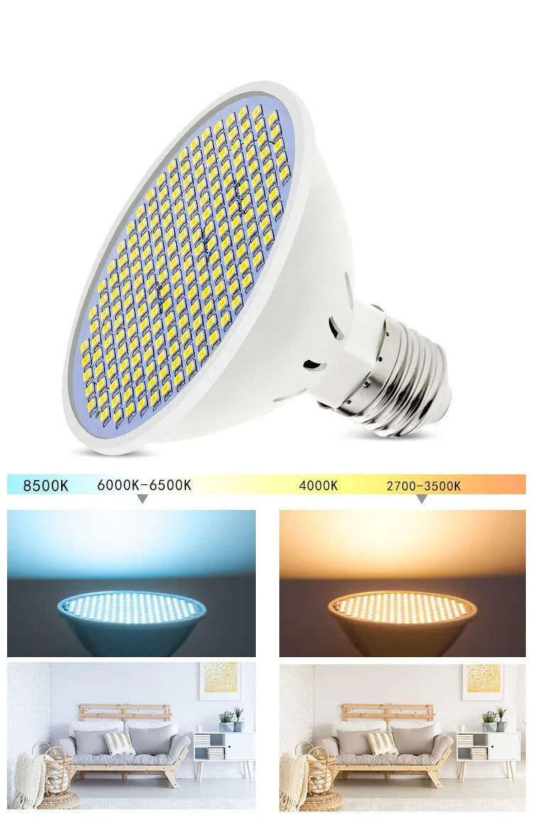 E27 screw base LED light bulb with a white PC lamp cup, shown alongside Warm White and Cool White lighting examples.