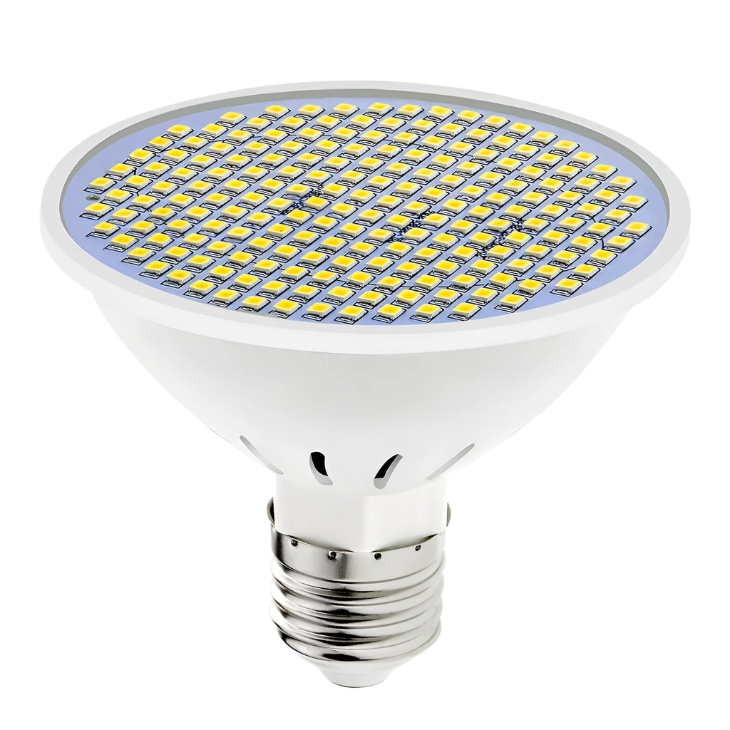 E27 screw base LED light bulb with a white PC lamp cup, shown alongside Warm White and Cool White lighting examples.