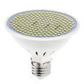 E27 screw base LED light bulb with a white PC lamp cup, shown alongside Warm White and Cool White lighting examples.
