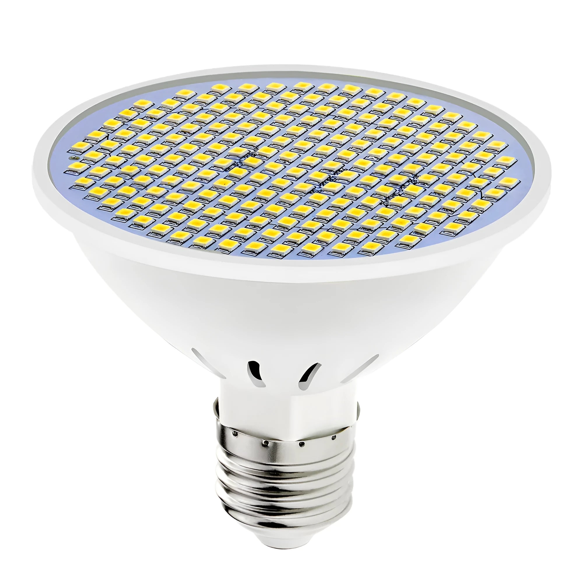 E27 screw base LED light bulb with a white PC lamp cup, shown alongside Warm White and Cool White lighting examples.