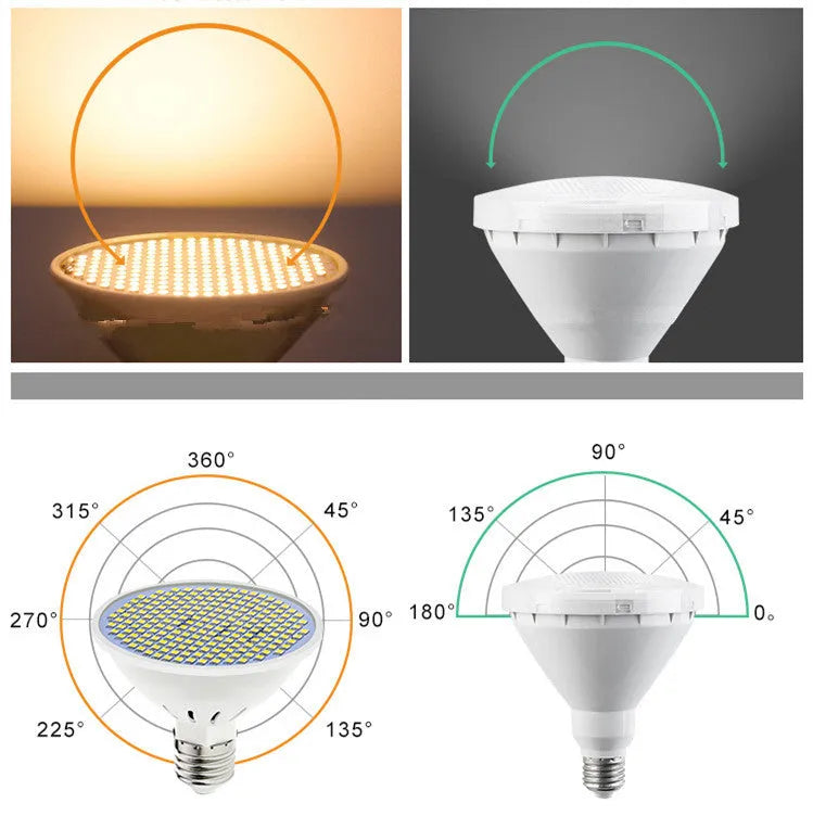 E27 screw base LED light bulb with a white PC lamp cup, shown alongside Warm White and Cool White lighting examples.