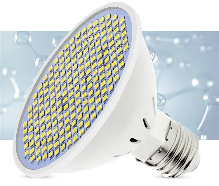 E27 screw base LED light bulb with a white PC lamp cup, shown alongside Warm White and Cool White lighting examples.
