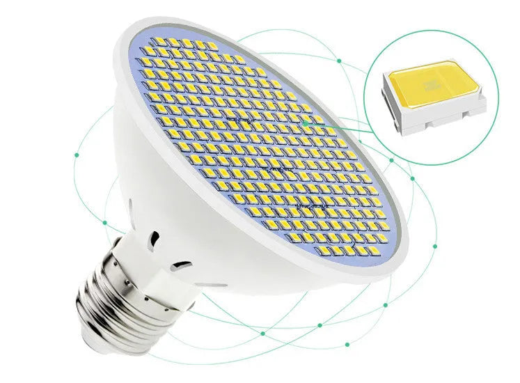 E27 screw base LED light bulb with a white PC lamp cup, shown alongside Warm White and Cool White lighting examples.