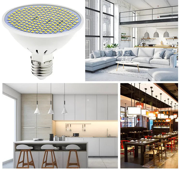 E27 screw base LED light bulb with a white PC lamp cup, shown alongside Warm White and Cool White lighting examples.