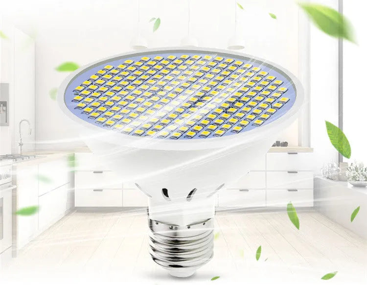 E27 screw base LED light bulb with a white PC lamp cup, shown alongside Warm White and Cool White lighting examples.