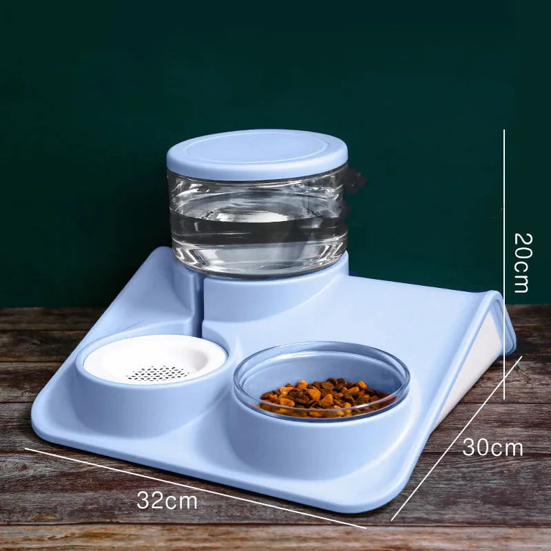 Mobile unplugged automatic pet feeder and water dispenser with double bowl or square feeding waterer in grey, pink, blue, or green.