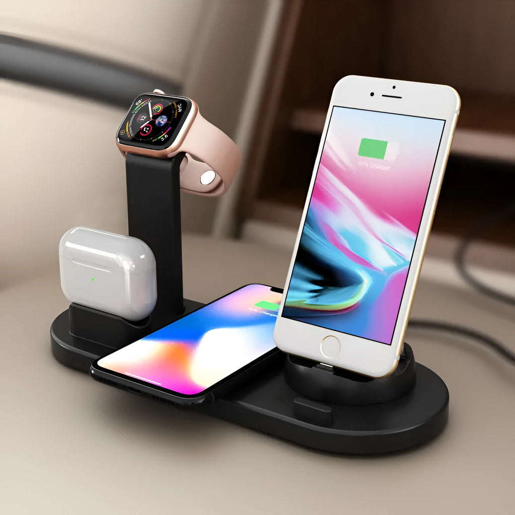 A black three-in-one wireless charging bracket holding an iPhone, an Apple Watch, and a set of wireless headphones.