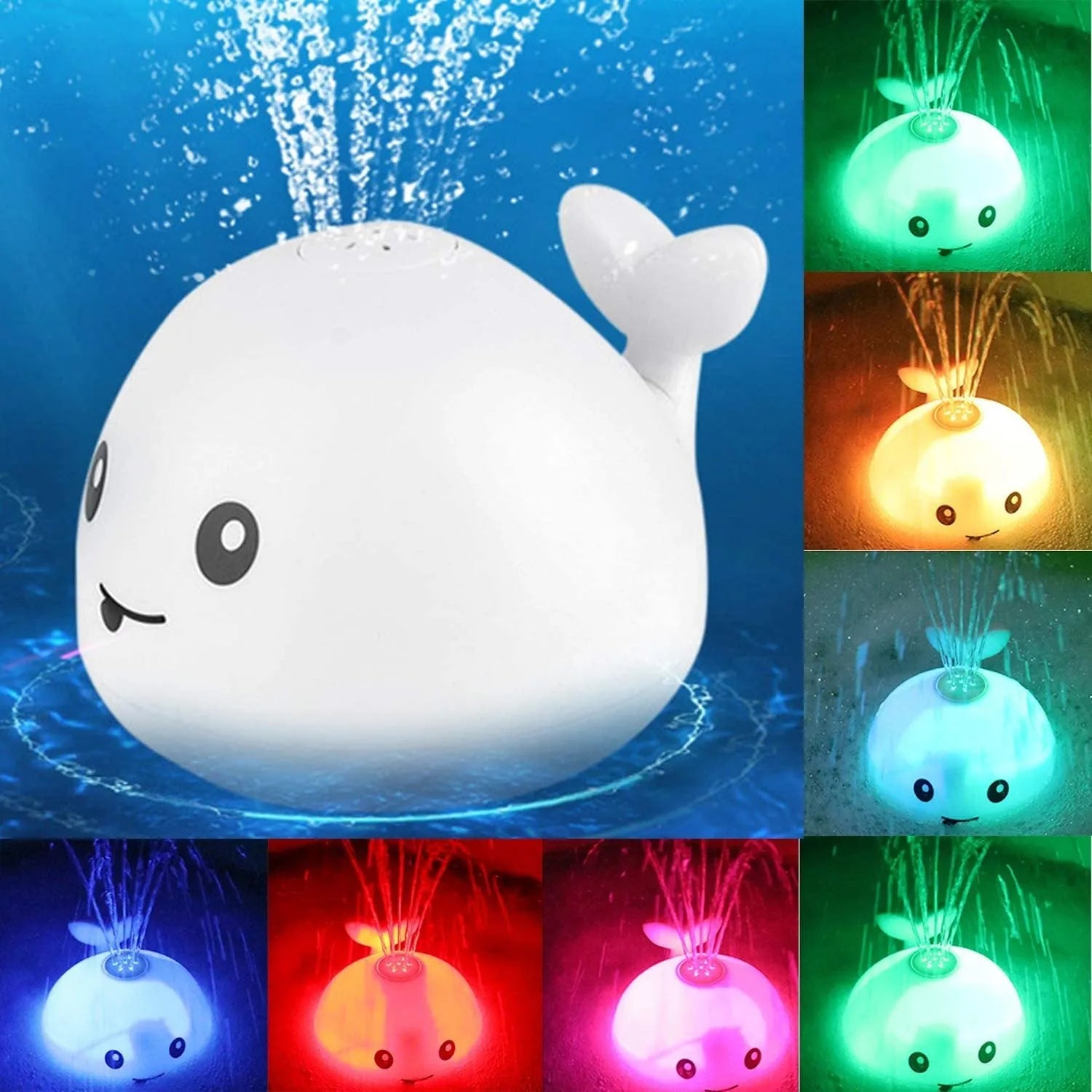 White and blue electric whale bath toy spraying water with flashing lights on base.