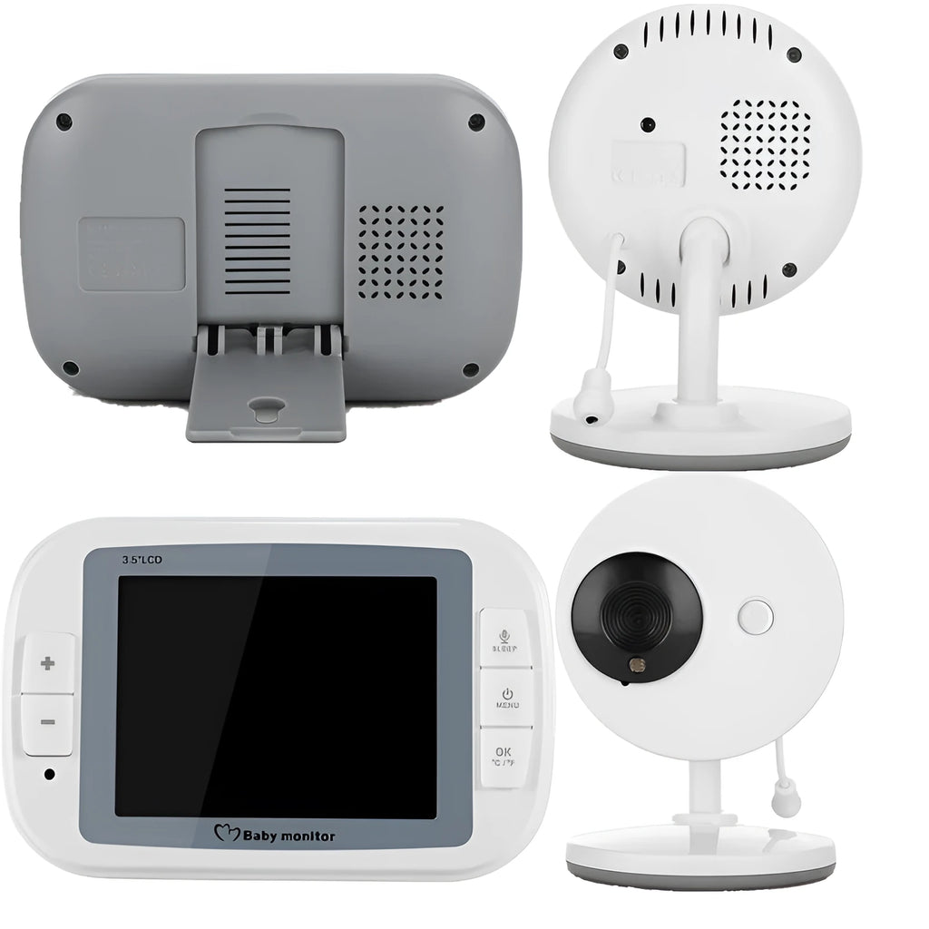 White wireless baby monitor with 3.5 inch screen and UFO-style camera unit for nursery monitoring