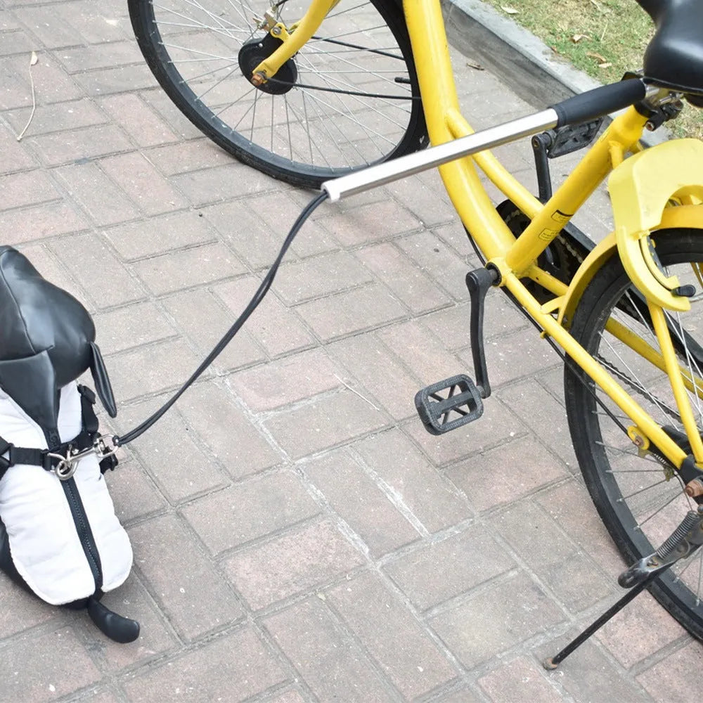 Stainless steel bike leash for dogs, black, 44cm handle, 2.2cm diameter, leash extends to 190cm.