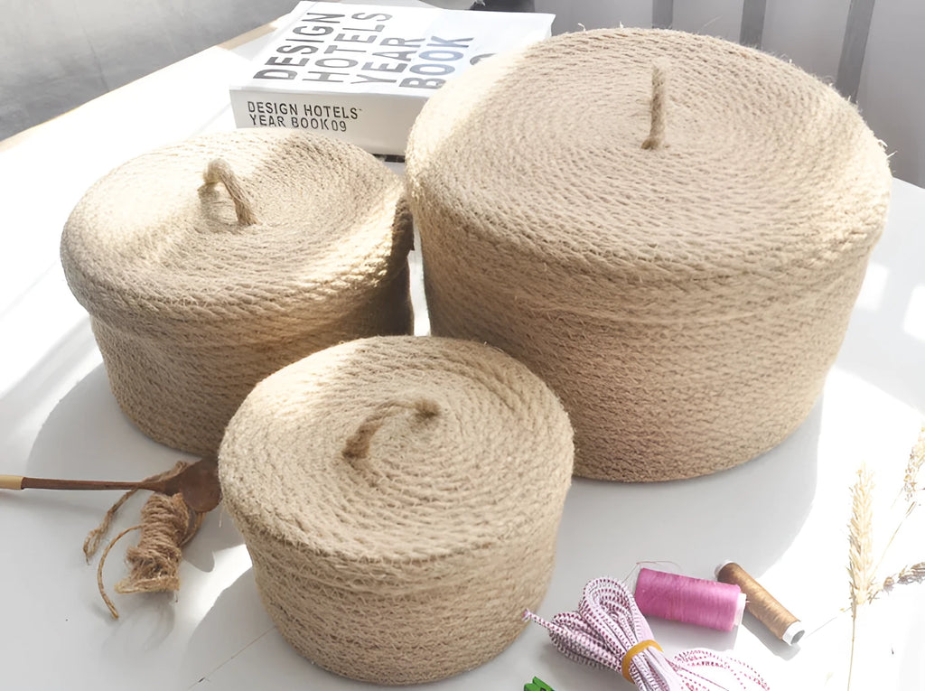 Japanese style fabric storage basket with a fitted lid in three sizes on a table.