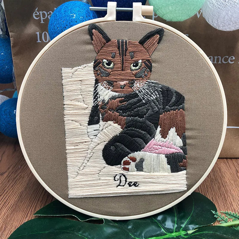 DIY cat embroidery kit with cotton linen fabric and embroidery stretch frame
