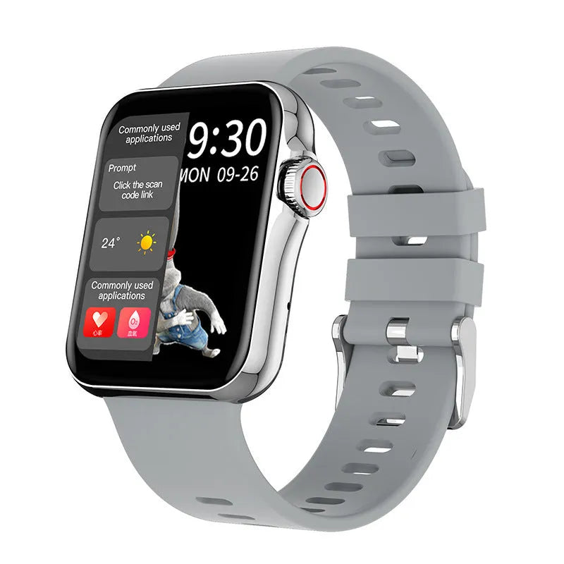 Bluetooth smart watch with colour touch screen and liquid silicone strap showing split-screen display