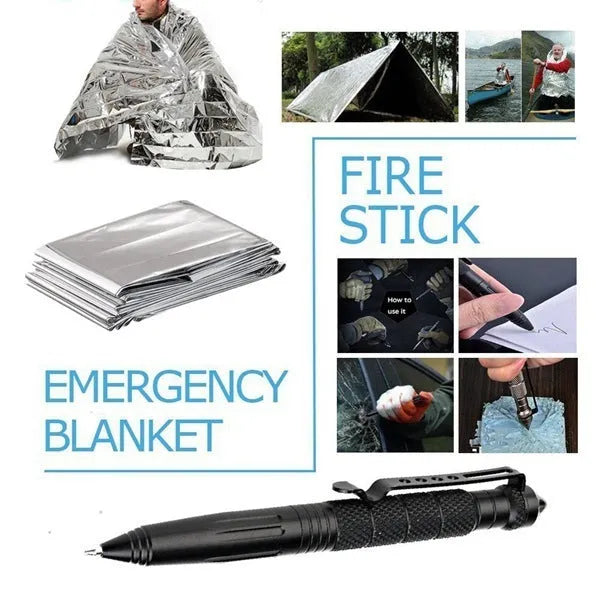 Open black shockproof box displaying 13-piece stainless steel survival tool kit including compass, flashlight, and saber.