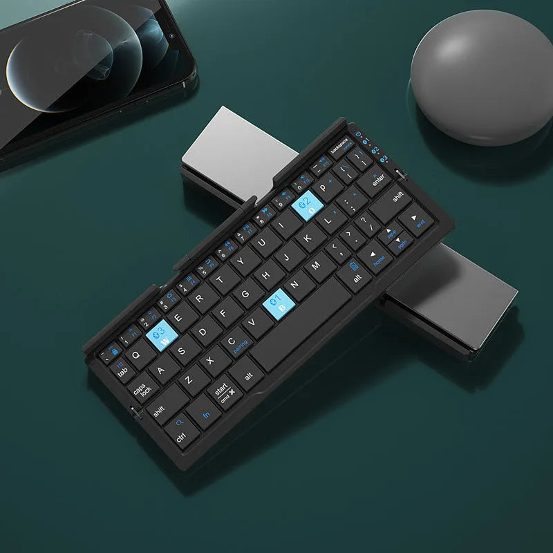Mini folding Bluetooth keyboard in silver white with hidden stand, 60 keys, aluminium alloy housing, open size 202.5 mm